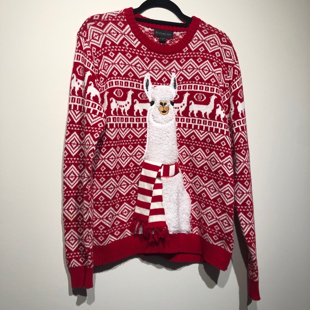 Men’s Ugly Christmas Sweater Red White Llama S